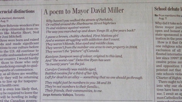 My First Published Poem (Toronto Star Letter to the Editor section, August 13, 2008)
